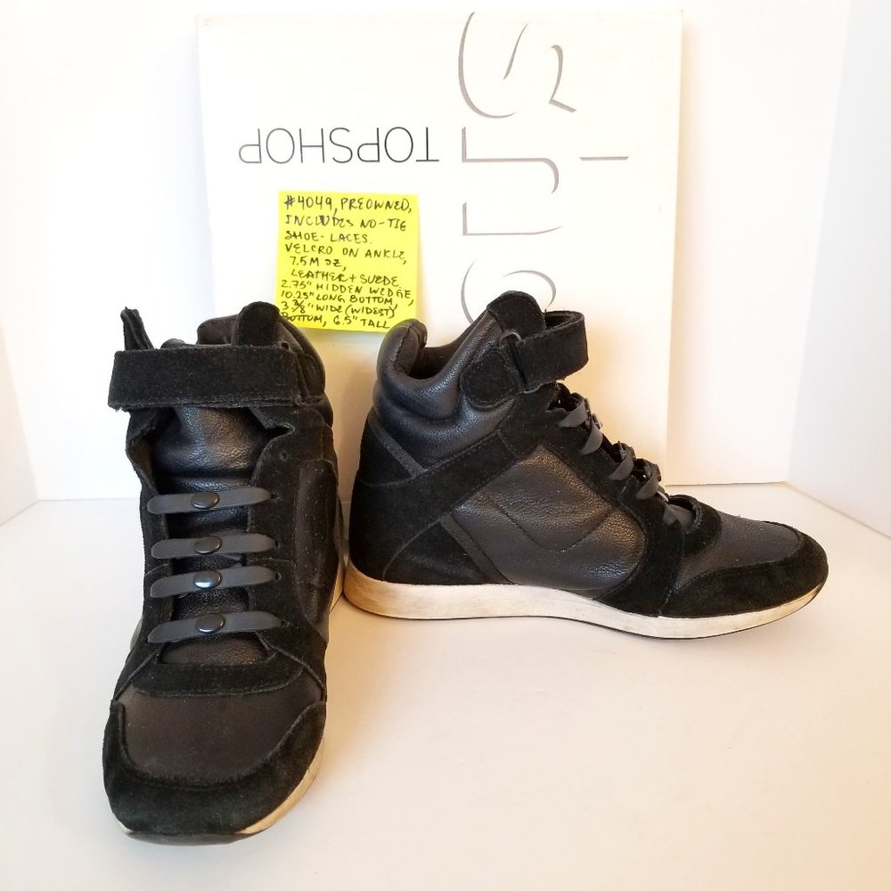 4049 Topshop Android Black Leather Suede Hidden Wedge Sneakers 7.5M No tie Laces
